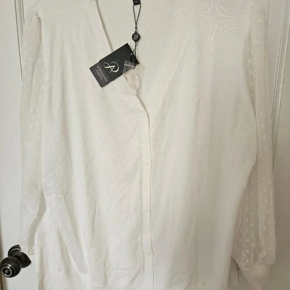 Adrianna Pappell cardigan, white sheer w/ pleated, polka dotted V-neck sleeves. - Picture 8 of 8